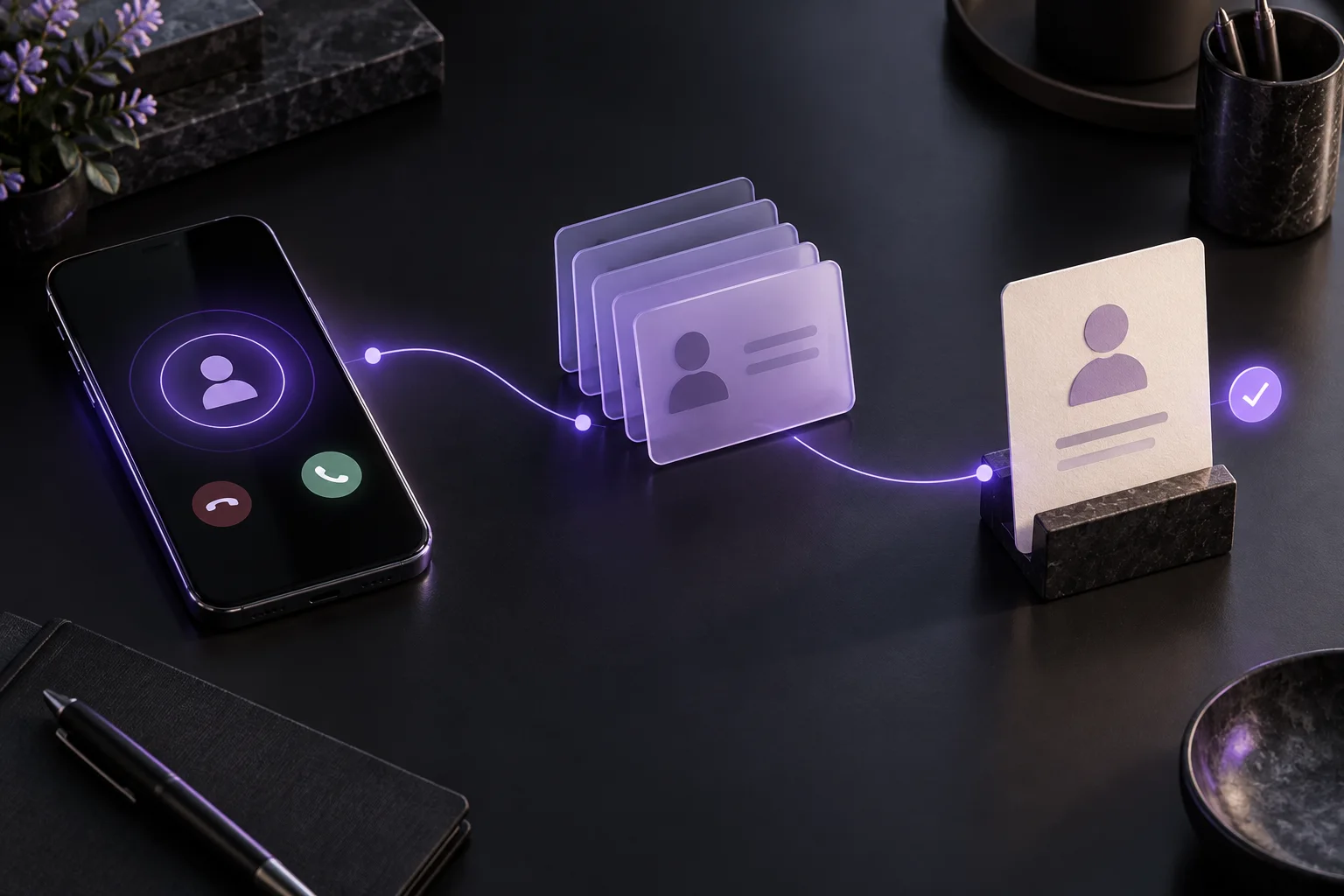Conceptual phone inquiry moving through violet contact cards to an assigned follow-up