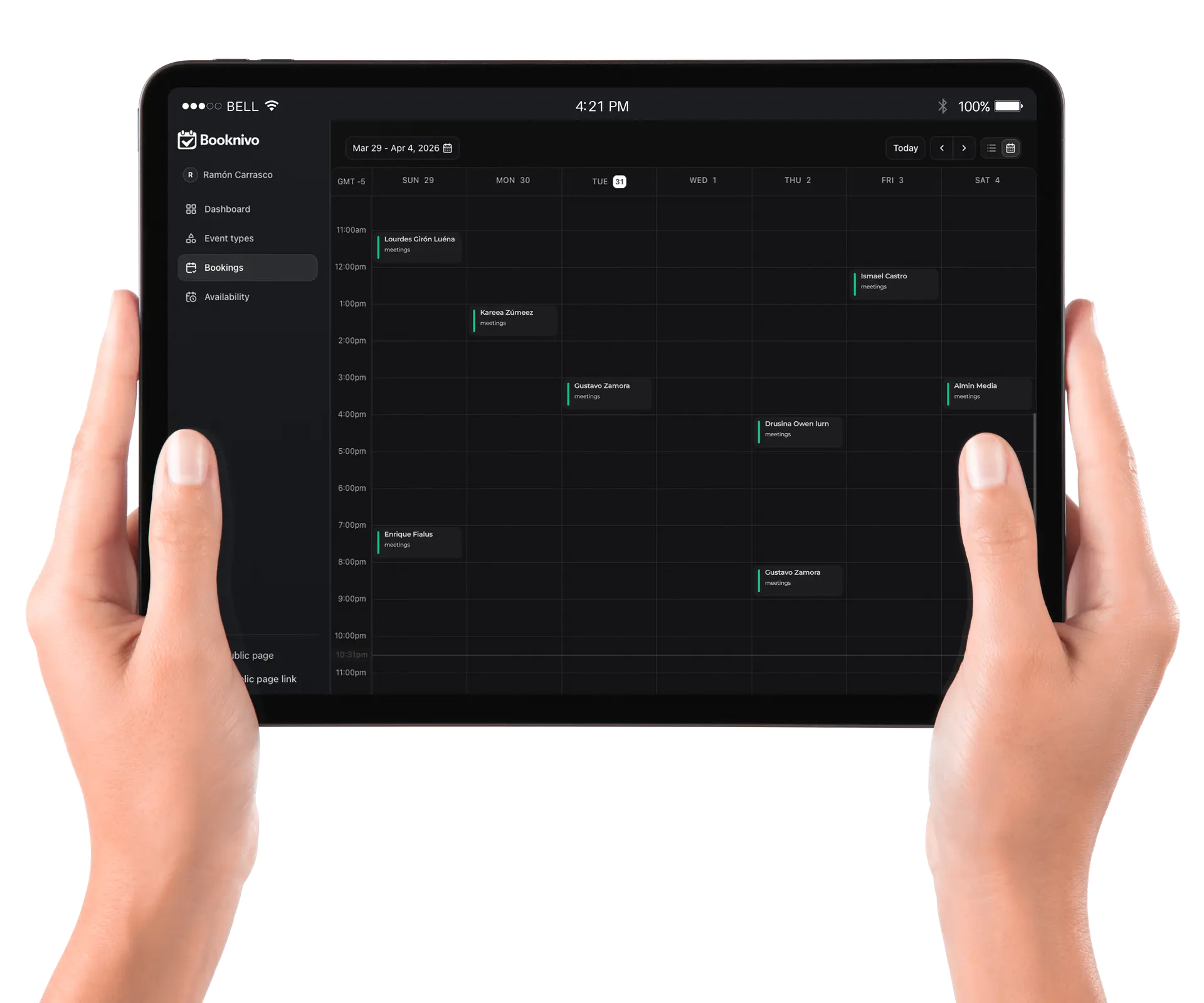 Calendario de citas de Booknivo en una tableta, tomado de la vista previa de su sitio oficial
